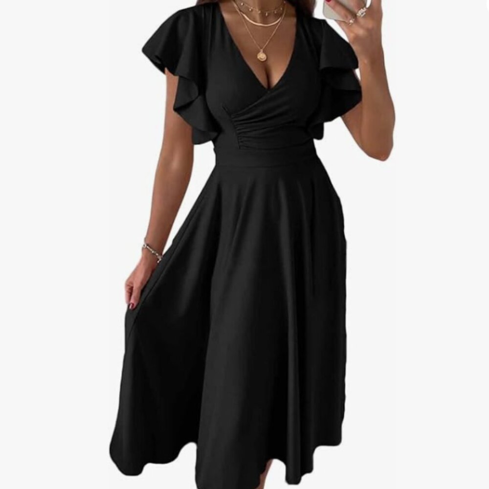 Dokotoo Women's Black V Neck Elegant Party Dress Short Sleeve Dress -Size L- NWT